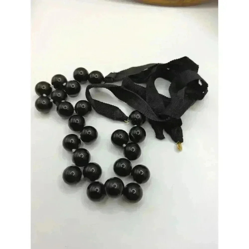 J Crew Black Beaded Necklace 20 Inch Ribbon Chain Sensitive Skin Friendly - Picture 3 of 4